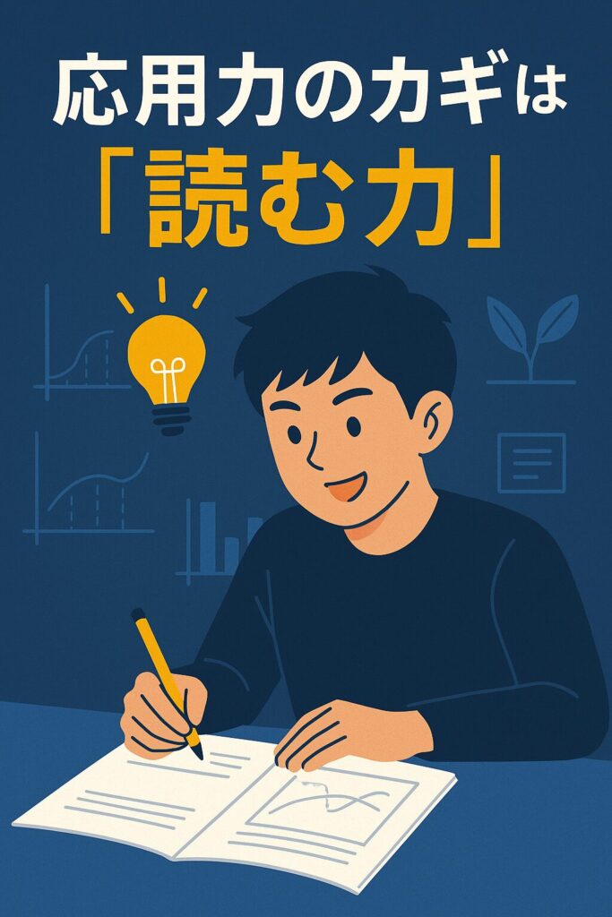 応用問題に取り組む男子学生が、読み取った情報からひらめきを得て解答を進めているイラスト。読解力が応用力の鍵であることを表現。