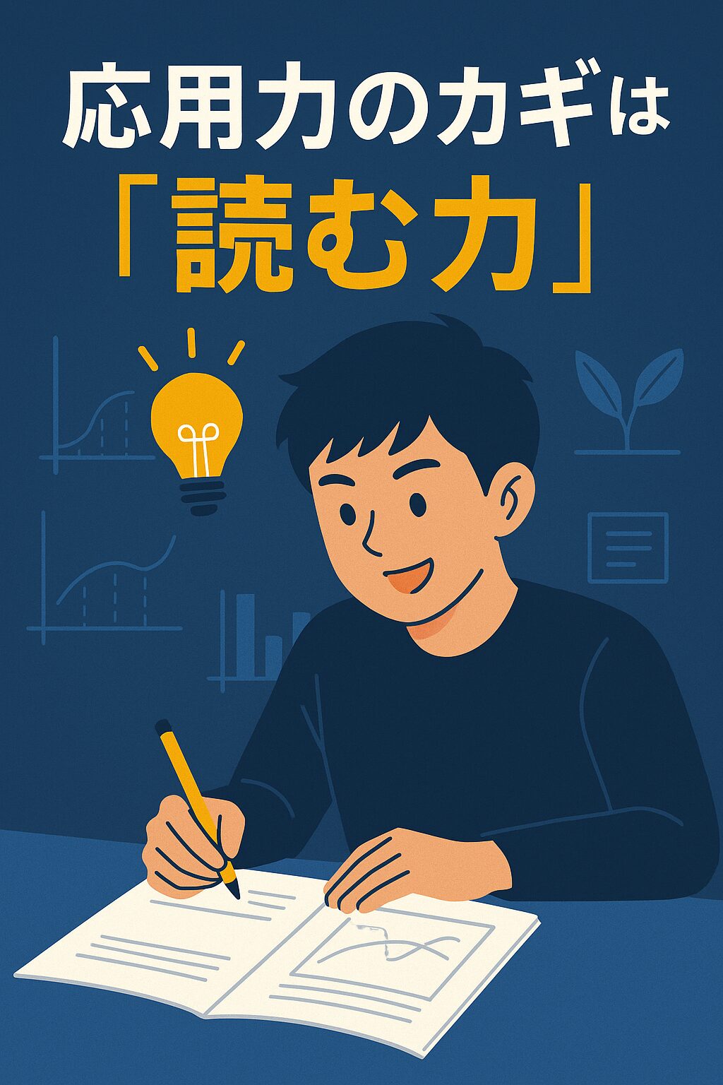 応用問題に取り組む男子学生が、読み取った情報からひらめきを得て解答を進めているイラスト。読解力が応用力の鍵であることを表現。