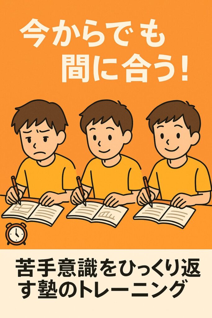 勉強に苦しむ表情から集中、そして自信に満ちた笑顔へと変化していく男子生徒3コマのイラスト。塾の読解力トレーニングを視覚化。
