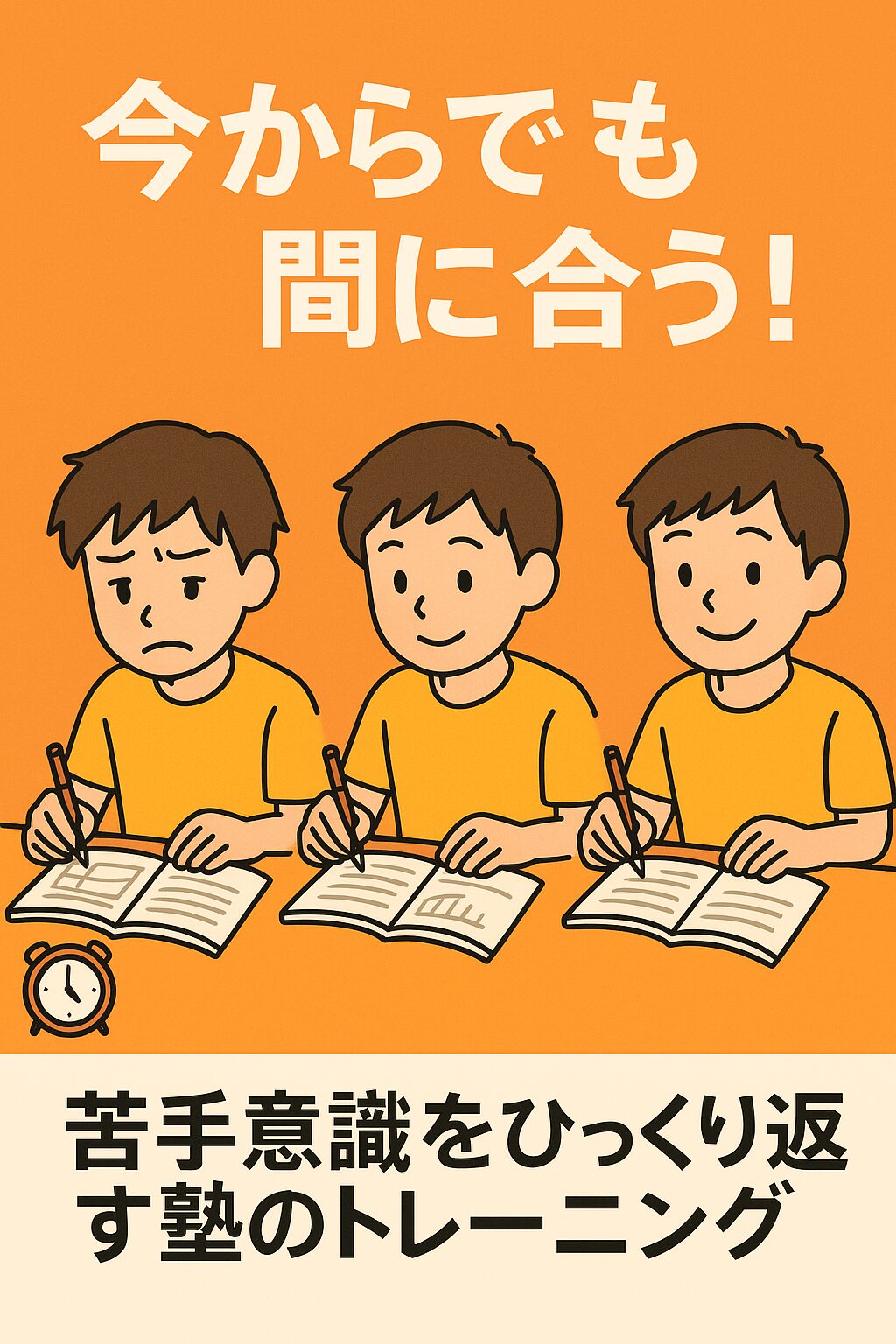 勉強に苦しむ表情から集中、そして自信に満ちた笑顔へと変化していく男子生徒3コマのイラスト。塾の読解力トレーニングを視覚化。