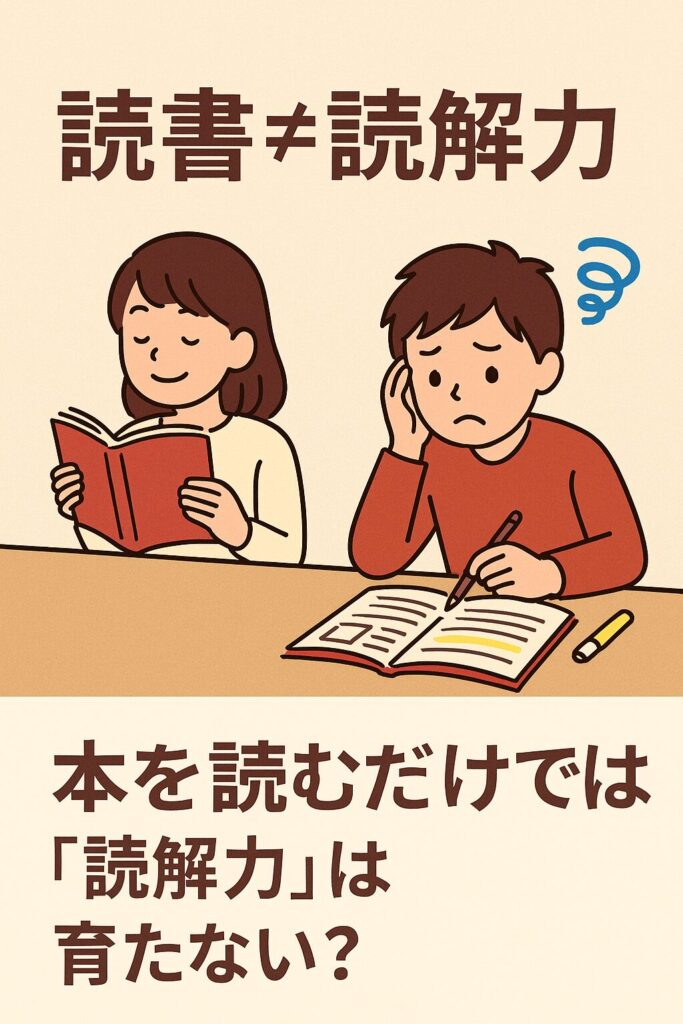 本を読んで満足する女子生徒と、問題演習に悩む男子生徒を対比させたイラスト。読書と読解力の違いを表現。