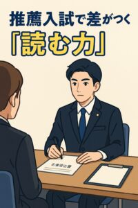 推薦入試の面接で志望理由書を手にする男子高校生。読解力と論理力の重要性を伝える場面を描いたイラスト。