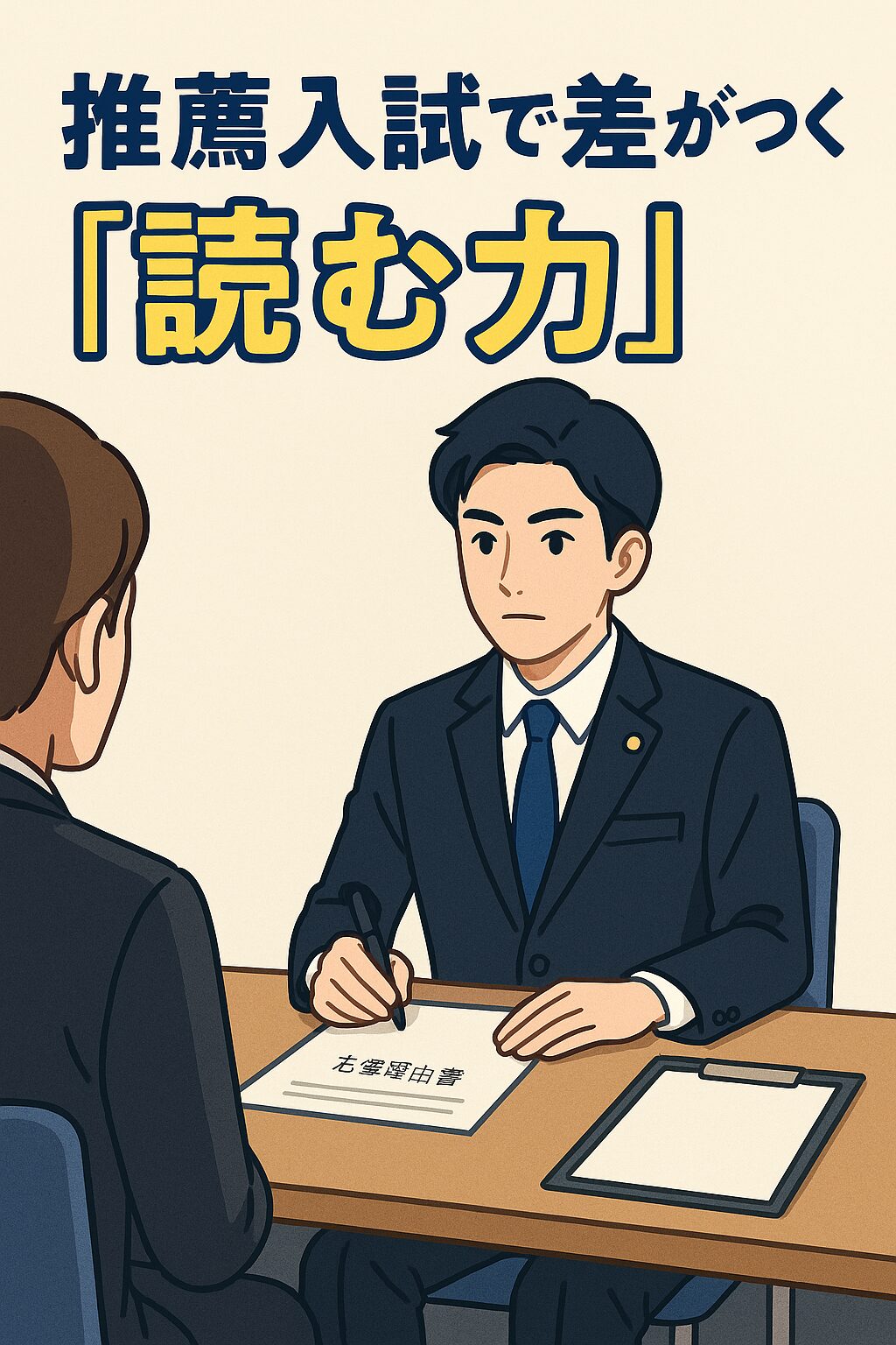 推薦入試の面接で志望理由書を手にする男子高校生。読解力と論理力の重要性を伝える場面を描いたイラスト。