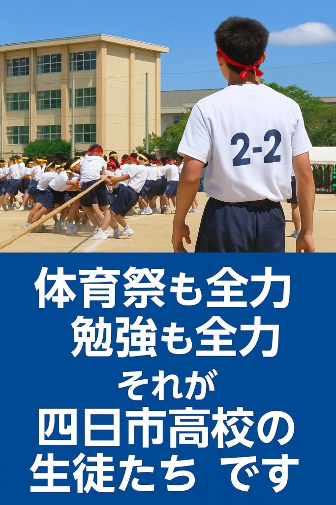 四日市高校の体育祭で綱引きをする生徒たちの写真と「体育祭も全力、勉強も全力。それが四日市高校の生徒たちです。」というメッセージが書かれた縦長ポスター
