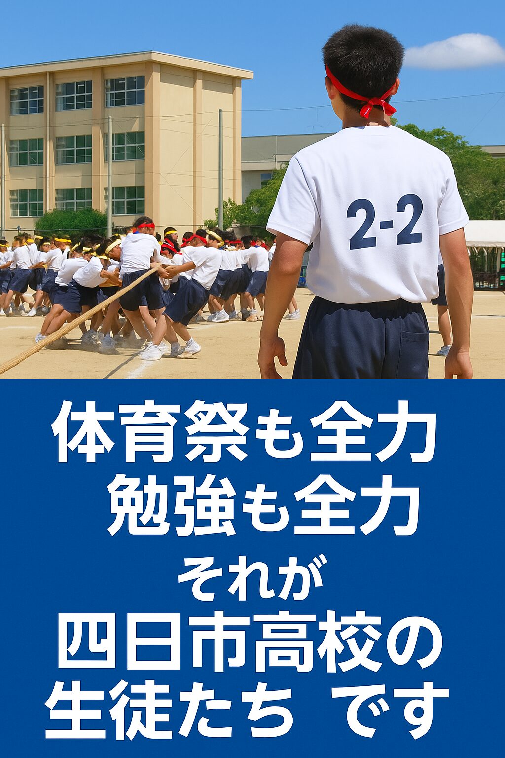 四日市高校の体育祭で綱引きをする生徒たちの写真と「体育祭も全力、勉強も全力。それが四日市高校の生徒たちです。」というメッセージが書かれた縦長ポスター