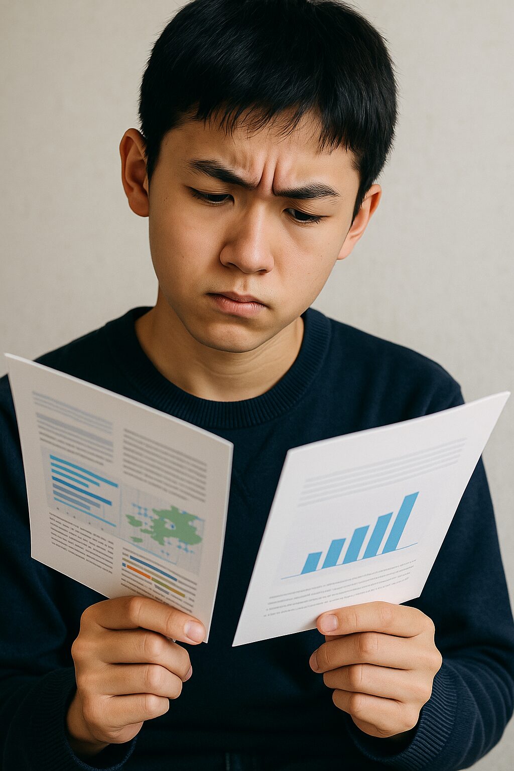 高校のパンフレットを真剣な表情で見比べる中学生の男の子
