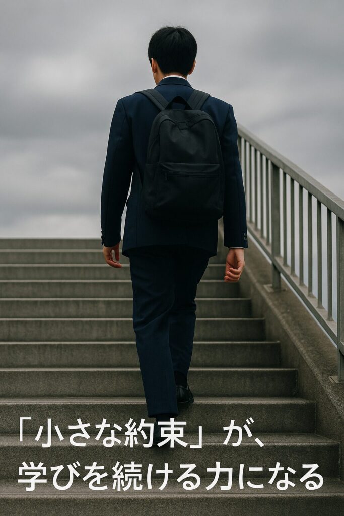 制服姿の女子生徒が、灰色の階段を一歩一歩登っていく後ろ姿。学習の継続を象徴している。