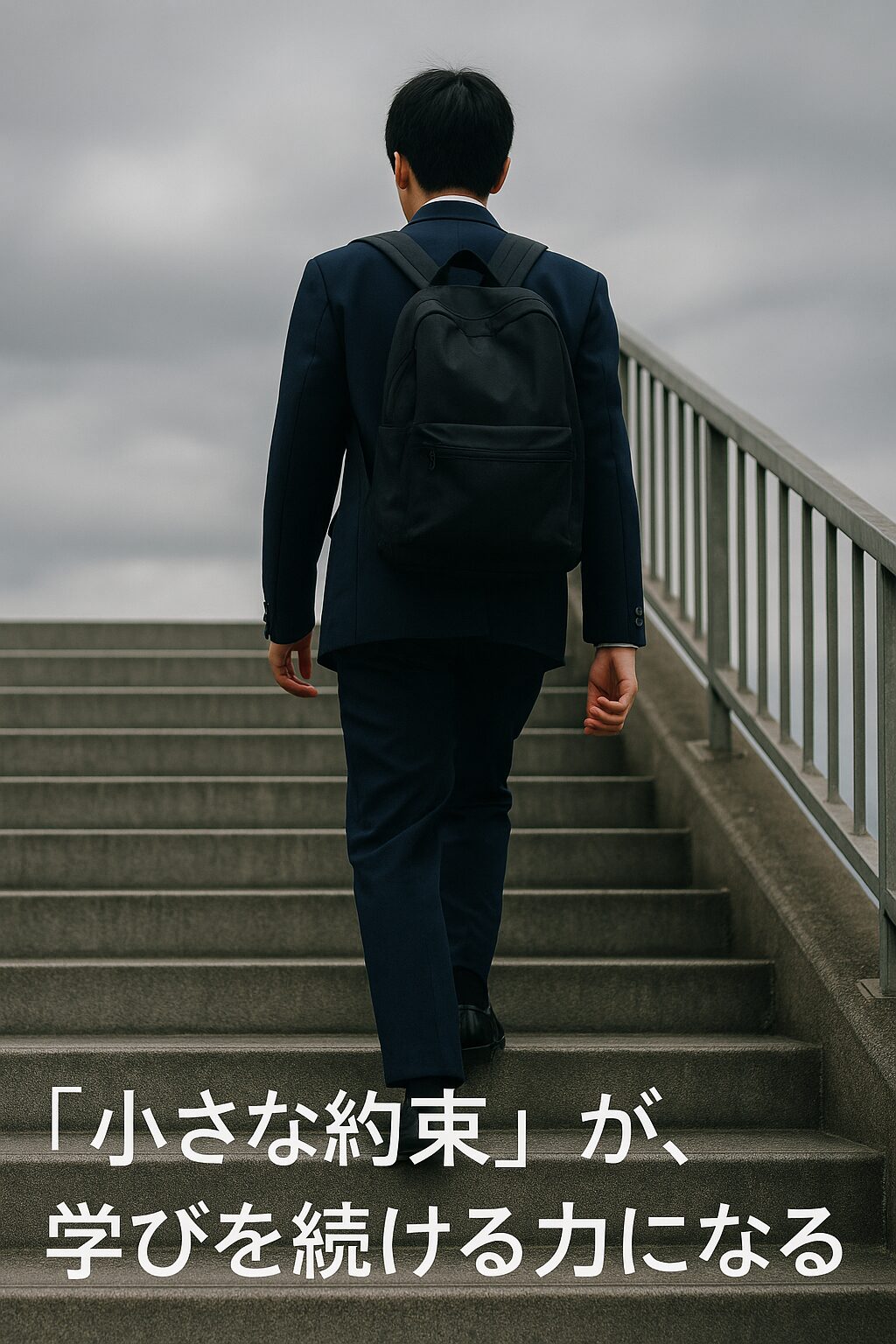 制服姿の女子生徒が、灰色の階段を一歩一歩登っていく後ろ姿。学習の継続を象徴している。