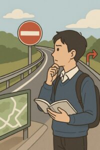 進入禁止標識と地図を前に立ち止まり、思案する男子学生