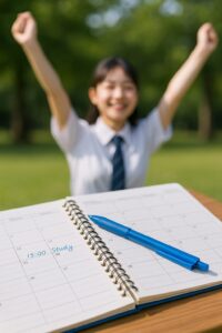 学習予定が書かれた手帳と、喜ぶ女子高校生の後ろ姿