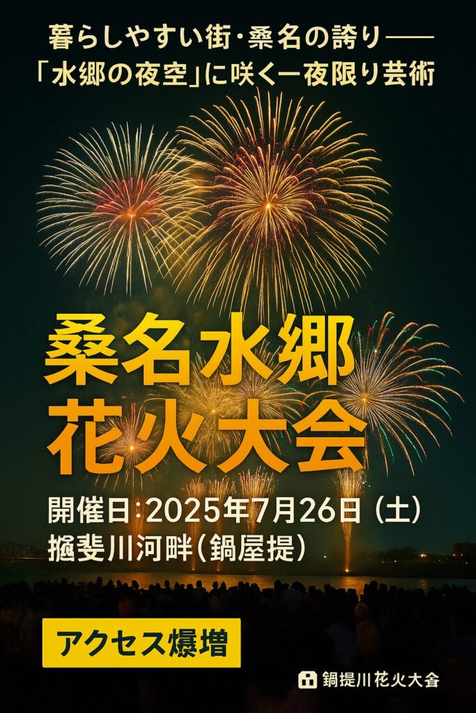 桑名水郷花火大会2025年の告知ポスター。揖斐川河畔の夜空に打ち上がる色とりどりの花火と、川沿いに集まる観客のシルエットが描かれている。
