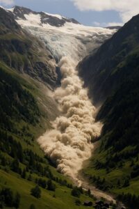 （イメージ画像）スイス南部のアルプス山脈で氷河が崩壊し、土石流が谷間の村へと流れ込む瞬間
