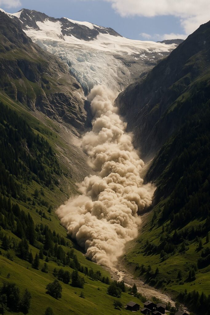 （イメージ画像）スイス南部のアルプス山脈で氷河が崩壊し、土石流が谷間の村へと流れ込む瞬間