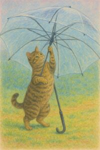 A tabby cat standing on its hind legs and holding a transparent umbrella on a grassy field.
