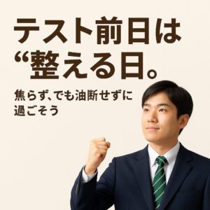 A focused Japanese high school student in uniform raising a fist, with motivational text about preparing calmly the day before exams.
