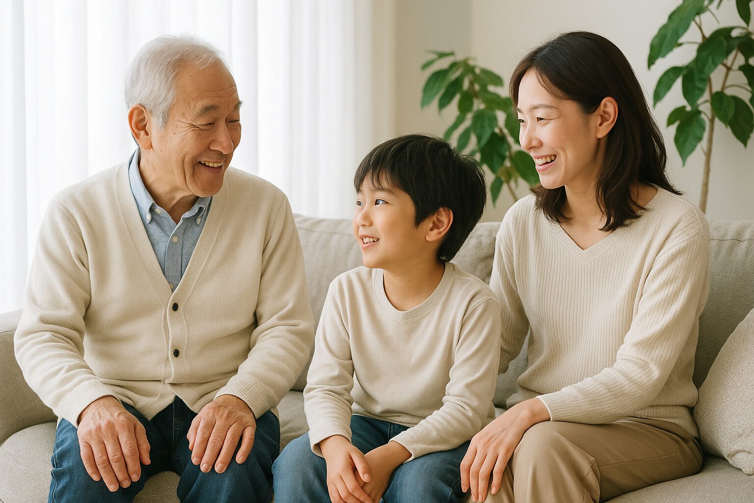 親子三代がリビングで笑顔で語り合う様子