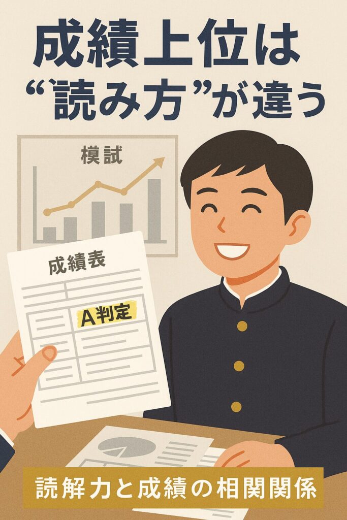 A判定の成績表を手に笑顔を見せる男子学生と、背景にある成績グラフ。読解力と成績の相関関係を表した教育用イラスト。