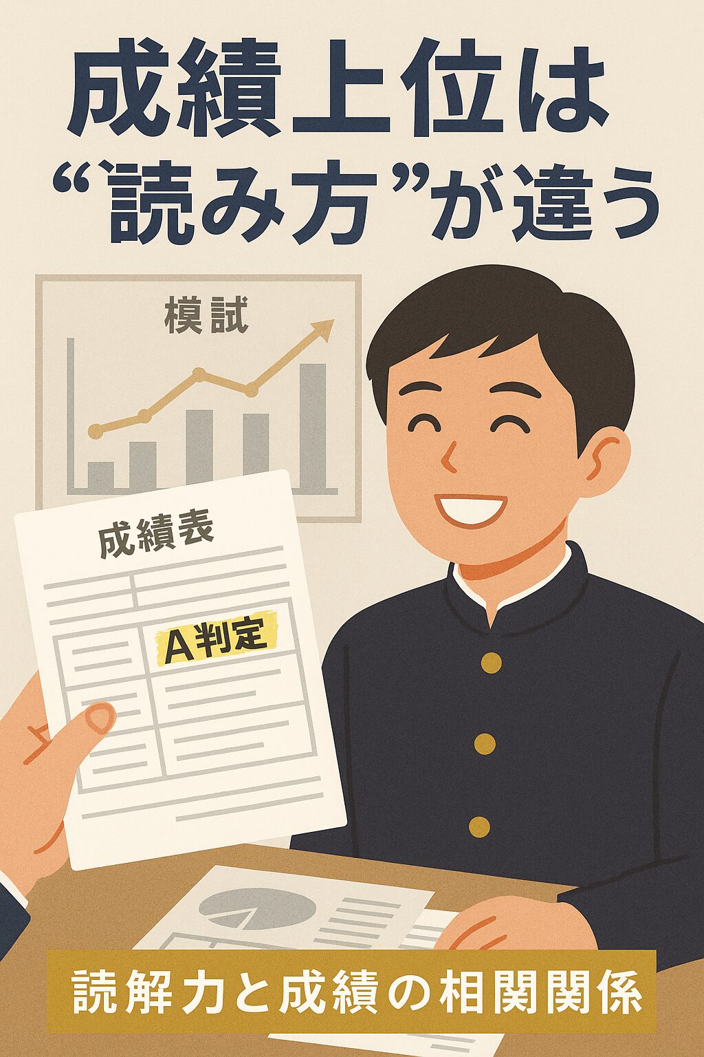 A判定の成績表を手に笑顔を見せる男子学生と、背景にある成績グラフ。読解力と成績の相関関係を表した教育用イラスト。