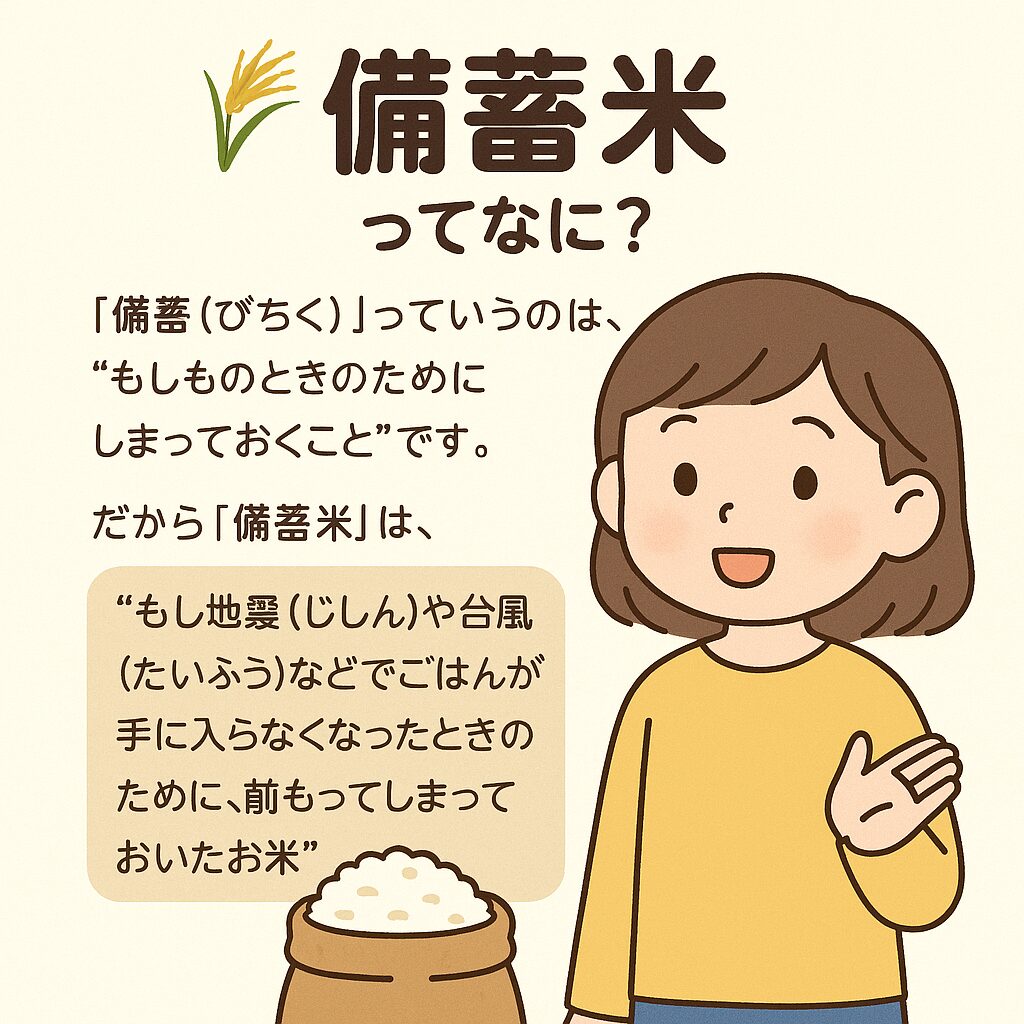 女の子が「備蓄米」について説明しているイラスト。お米の袋と、「備蓄はもしものときのためにしまっておくこと」という説明文が書かれている。
