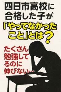 「四日市高校に合格した子が“やってなかったこと”とは？」というメッセージが書かれた縦長の日本語ポスター。ノートまとめや赤シートに頼らない学習法を象徴する構成。