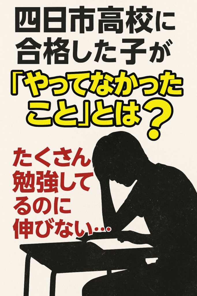 「四日市高校に合格した子が“やってなかったこと”とは？」というメッセージが書かれた縦長の日本語ポスター。ノートまとめや赤シートに頼らない学習法を象徴する構成。