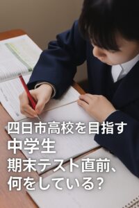 四日市高校を目指す中学生が期末テストに向けて英語の教科書やノートで勉強している様子