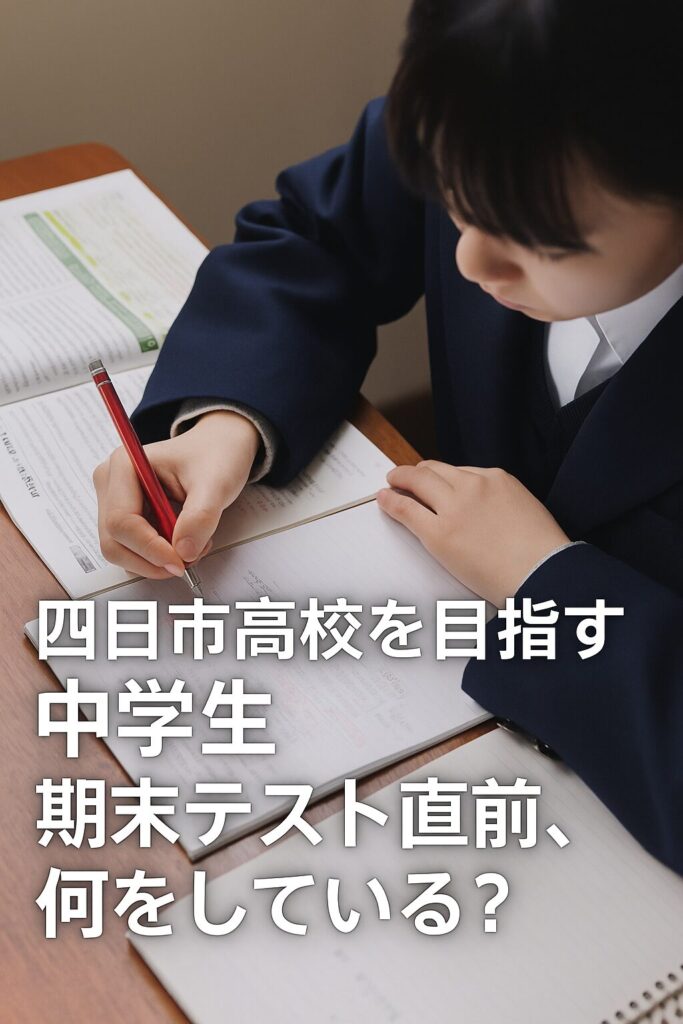 四日市高校を目指す中学生が期末テストに向けて英語の教科書やノートで勉強している様子