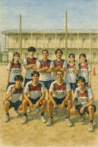 体育祭で笑顔を見せる高校生たちの集合写真。白と赤のユニフォームを着て、校舎の前で元気にポーズ