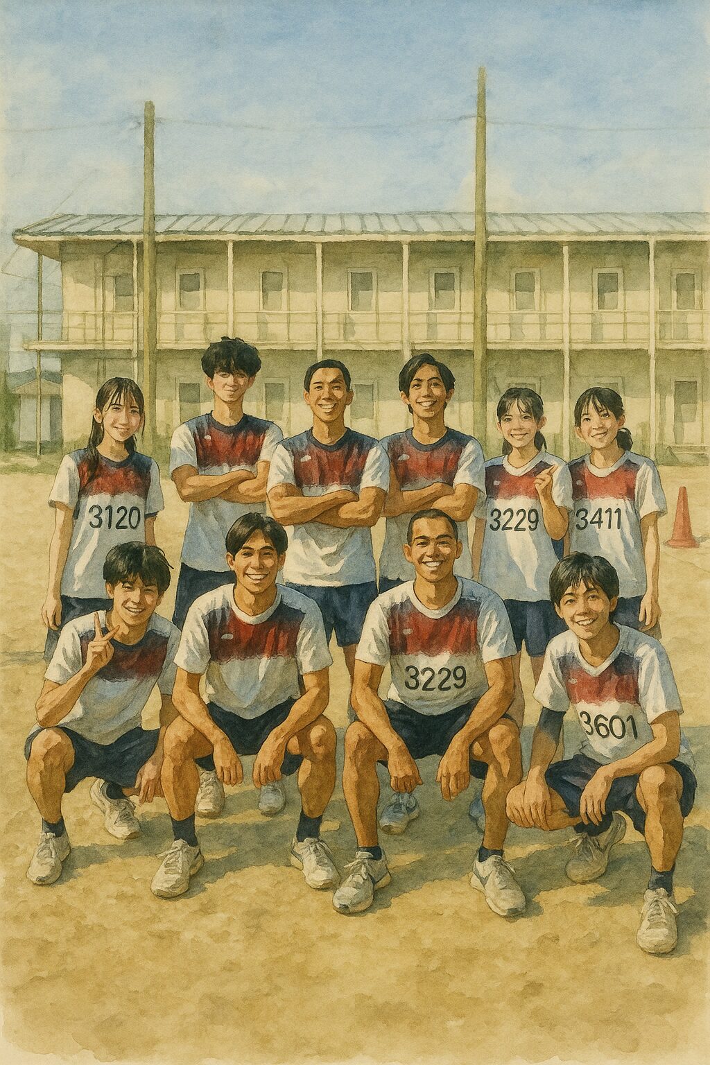 体育祭で笑顔を見せる高校生たちの集合写真。白と赤のユニフォームを着て、校舎の前で元気にポーズ