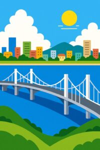 Bridge connecting vibrant cities representing Yokkaichi and Kuwana across a calm river