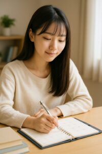自宅の机で手帳に予定を書き込む女子生徒の写真