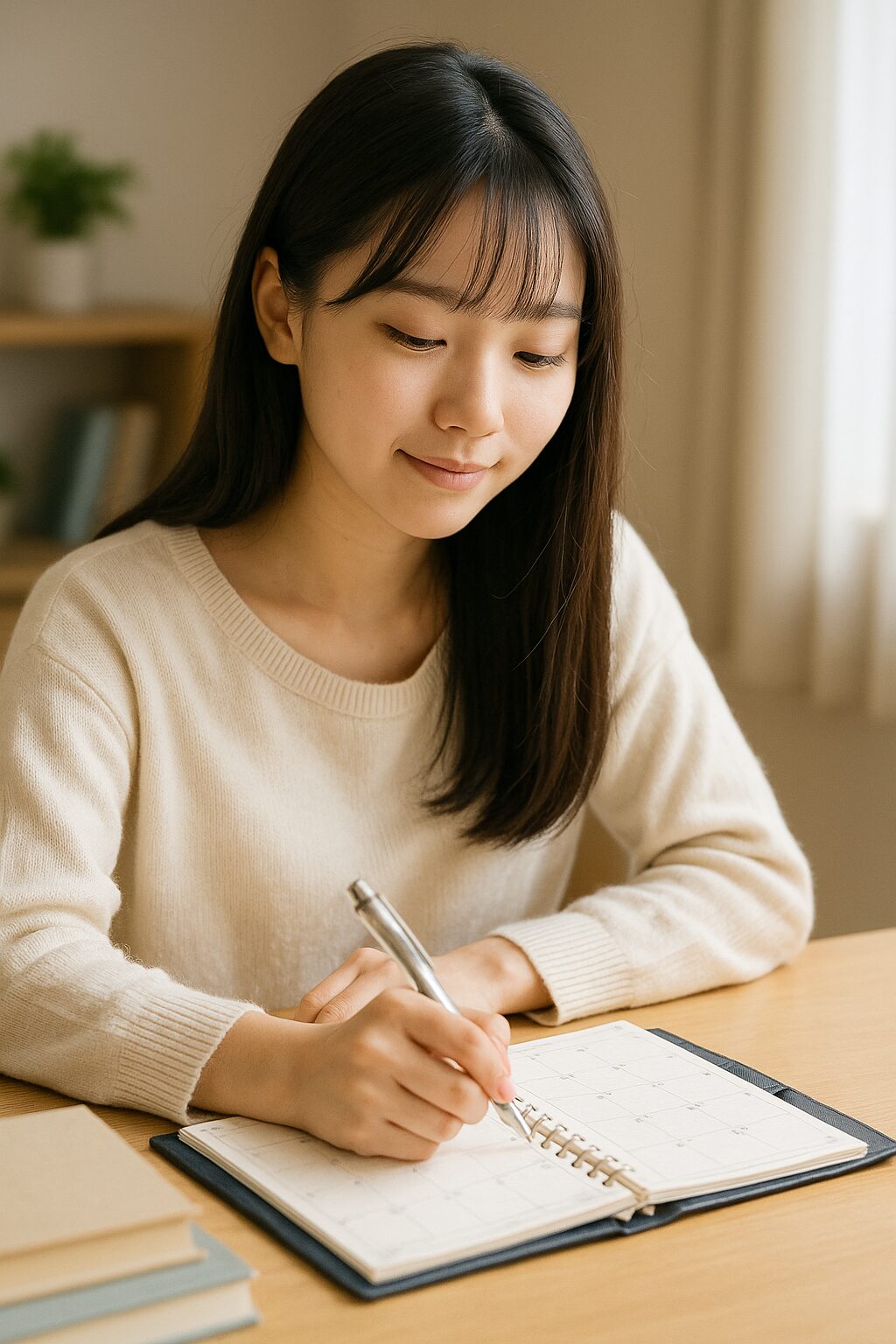 自宅の机で手帳に予定を書き込む女子生徒の写真