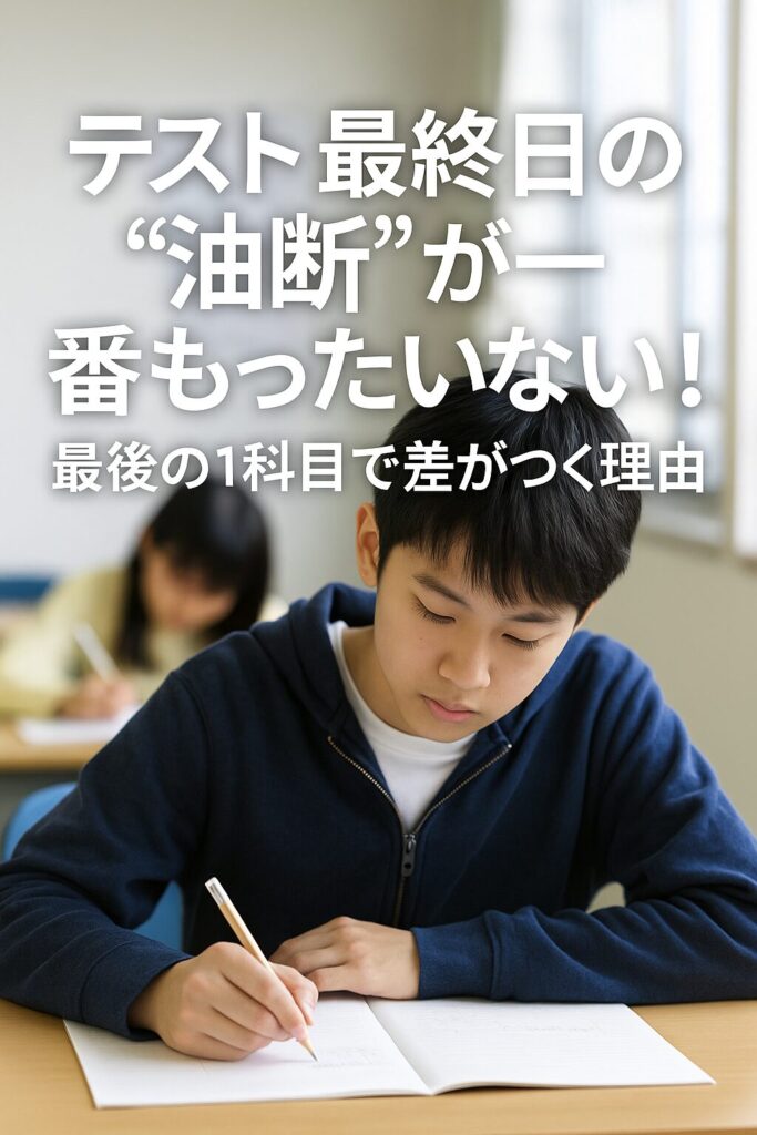 日本人の男子中学生が、夜の自室で集中してテスト勉強をしている様子。最後の1科目に向けて真剣な表情でノートに向かっている。