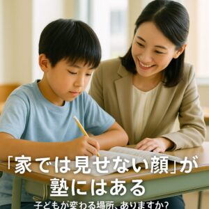 小学生の男の子が塾の講師と向かい合って勉強している様子。集中した表情でノートに取り組み、講師が優しくサポートしているシーン。