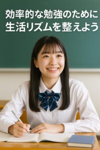 川越高校の女子生徒が中間テスト後半に向けて勉強している様子。青のストライプネクタイを着用し、集中してノートに向かう姿。