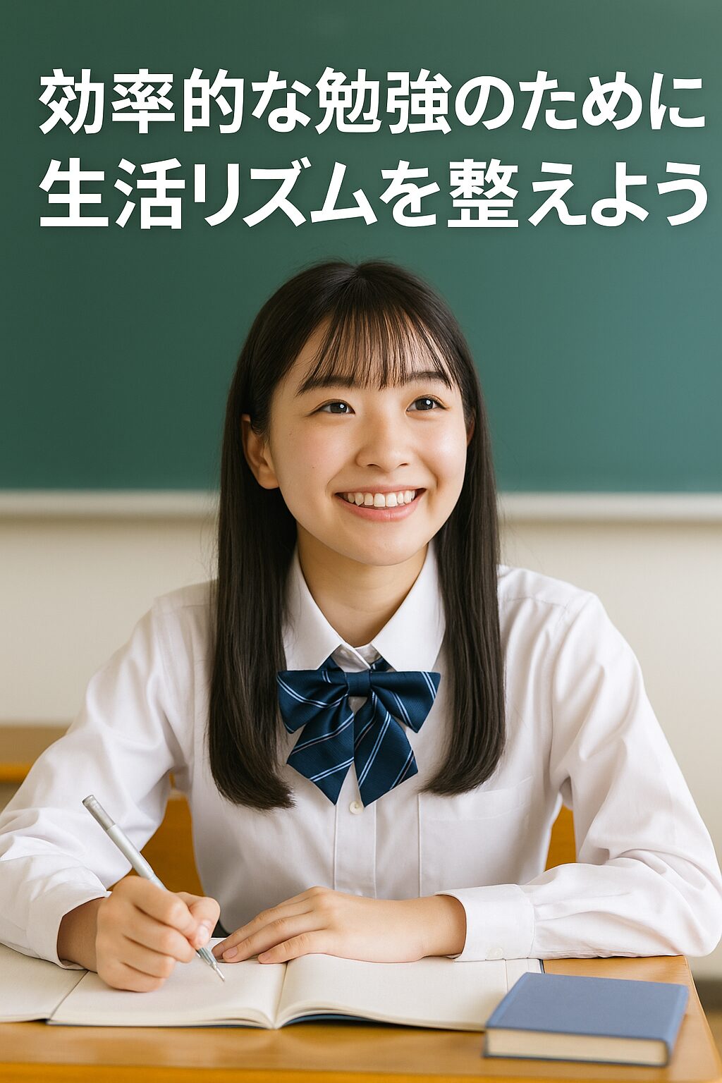 川越高校の女子生徒が中間テスト後半に向けて勉強している様子。青のストライプネクタイを着用し、集中してノートに向かう姿。