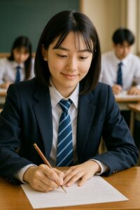 川越高校の女子生徒が最終日の中間テストに臨む様子。青のストライプネクタイを着用し、前向きな表情で勉強に集中している姿。