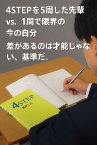 4STEP数学IAの問題集とノートを使って学習する四日市高校の男子生徒と「差があるのは才能じゃない、基準だ。」というメッセージ