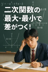二次関数の最大・最小に悩む男子高校生と黒板に描かれた関数グラフ