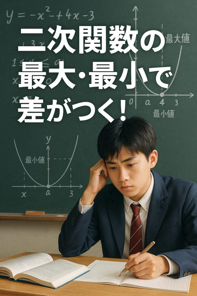 二次関数の最大・最小に悩む男子高校生と黒板に描かれた関数グラフ