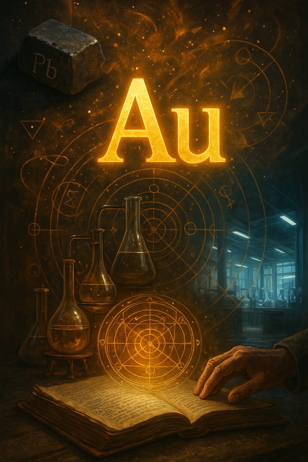 錬金術の器具や魔法陣とともに、鉛（Pb）から金（Au）へ変化する様子を幻想的に描いたイラスト