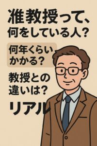 スーツ姿の准教授のイラストと「准教授って、何をしている人？何年くらいかかる？教授との違いはリアル」という文字が描かれた縦長の画像