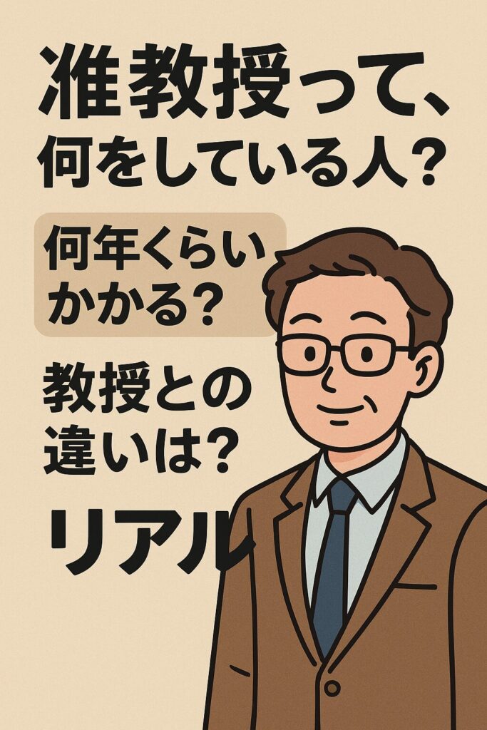 スーツ姿の准教授のイラストと「准教授って、何をしている人？何年くらいかかる？教授との違いはリアル」という文字が描かれた縦長の画像