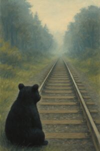 霧の立ち込める森の中で、線路を静かに見つめるクマの後ろ姿のイラスト