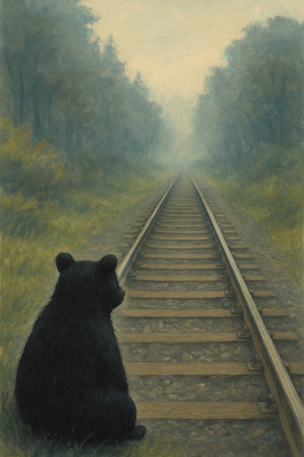 霧の立ち込める森の中で、線路を静かに見つめるクマの後ろ姿のイラスト