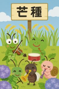 芒種を祝って田んぼで演奏会を開く虫たちのかわいいイラスト