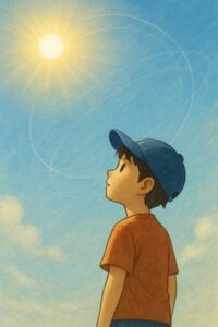 夏至の空を見上げる男の子と太陽の軌道