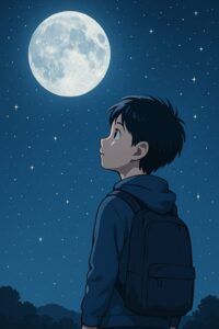 夜空の星と月を見上げる少年のイラスト