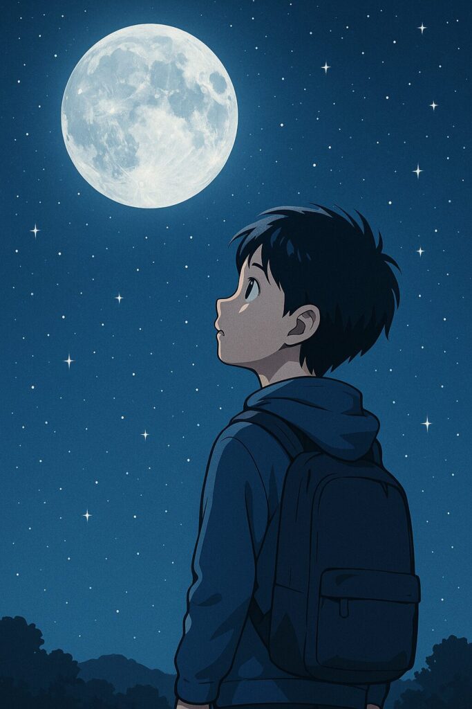 夜空の星と月を見上げる少年のイラスト