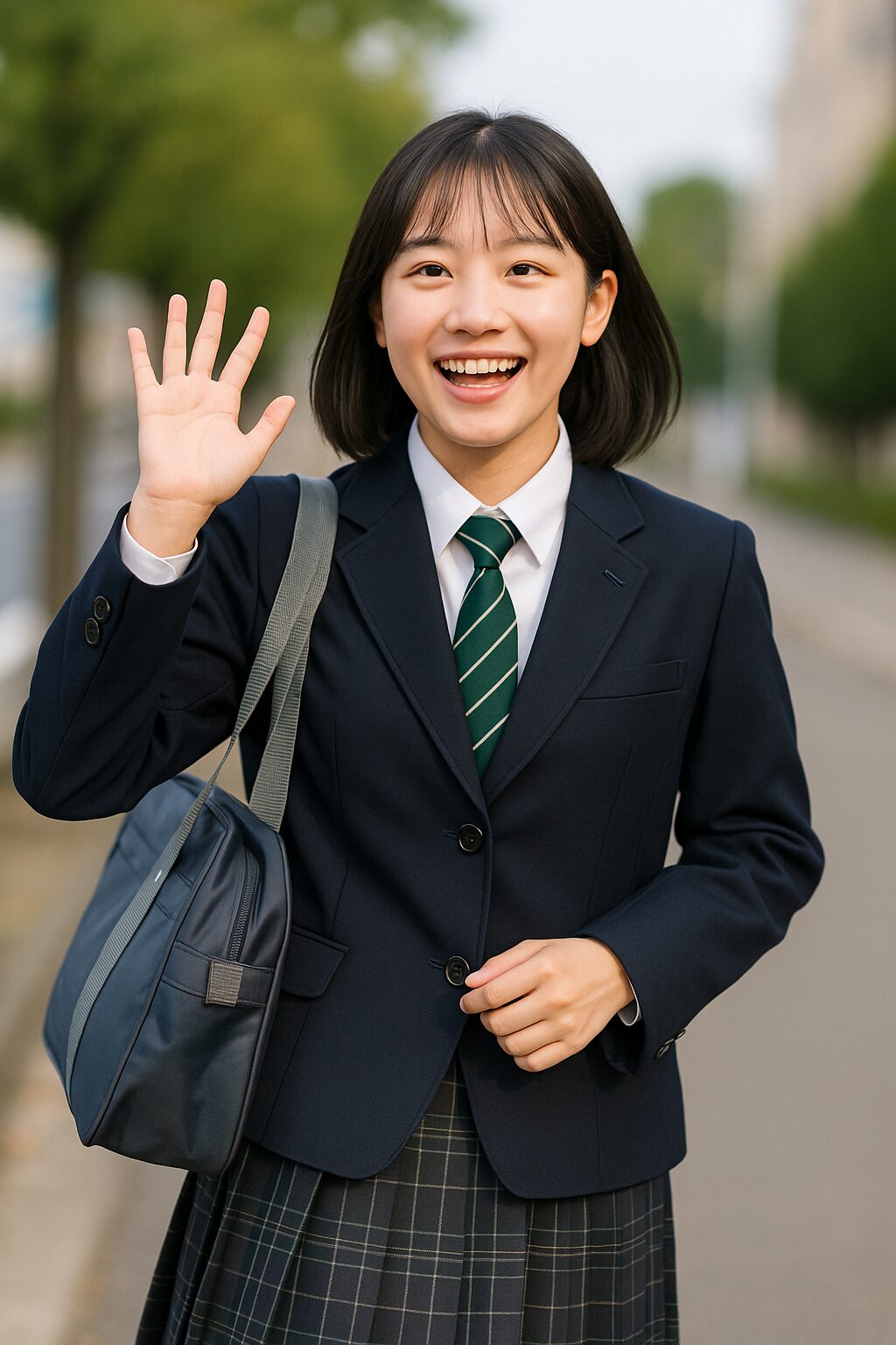 桑名高校の制服を着て笑顔で登校する女子生徒（緑のストライプネクタイ）